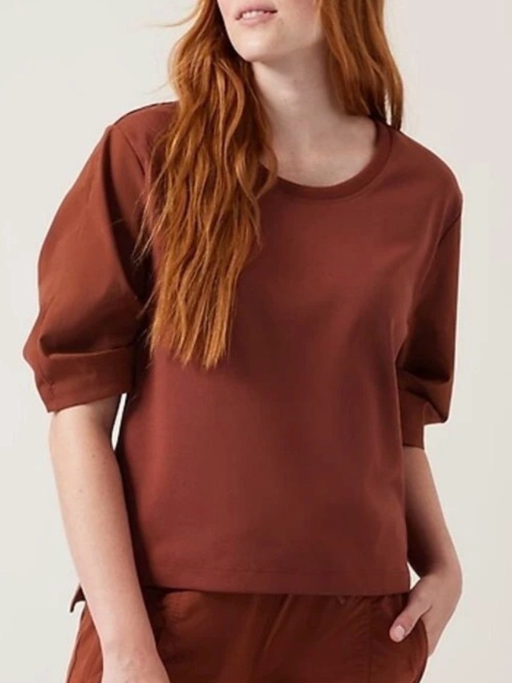NEW Athleta Harlow Hybrid Tee Cinnamon Brown Puff Sleeve T-Shirt Womens XL